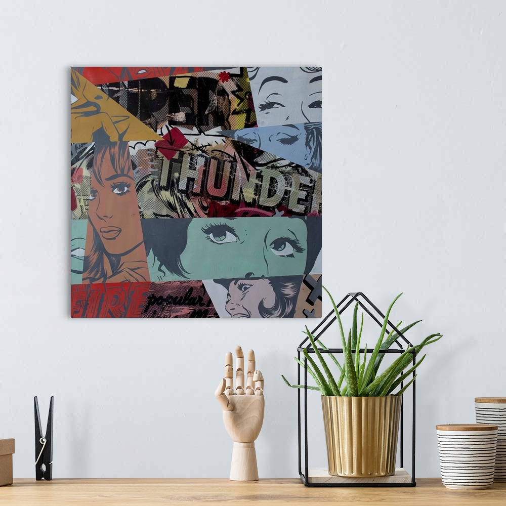 A bohemian room featuring Pop art composed of comic illustrations and bold text, reminiscent of Lichtenstein.