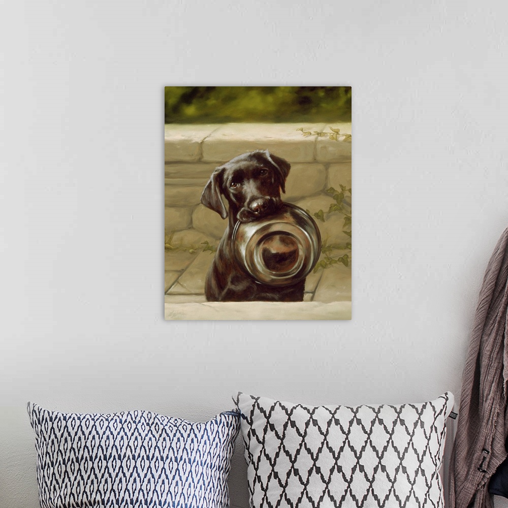 A bohemian room featuring Contemporary painting of a black lab holding its food dish in its mouth.