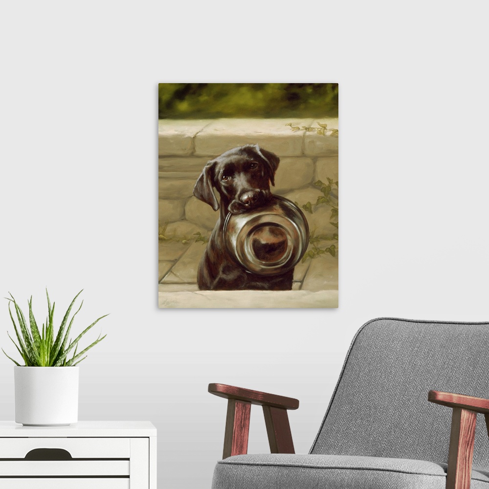 A modern room featuring Contemporary painting of a black lab holding its food dish in its mouth.