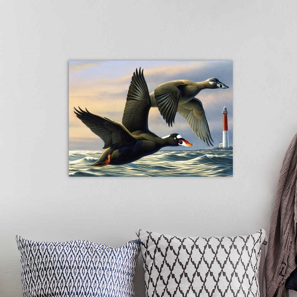 A bohemian room featuring Ducks flying over the ocean with a lighthouse in the distance.