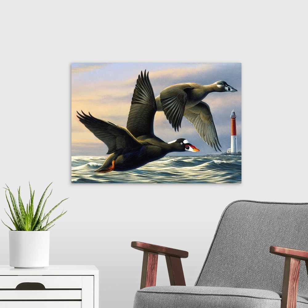 A modern room featuring Ducks flying over the ocean with a lighthouse in the distance.