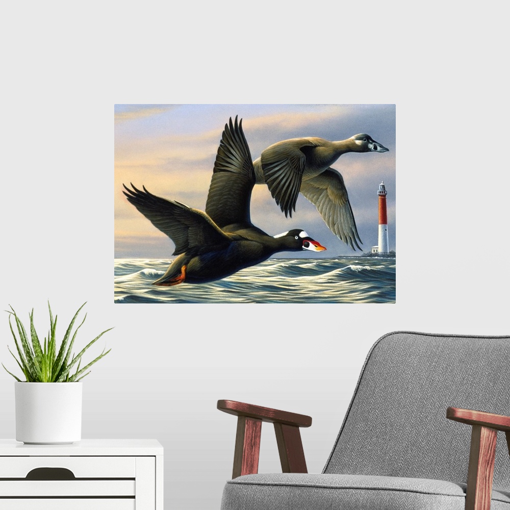 A modern room featuring Ducks flying over the ocean with a lighthouse in the distance.