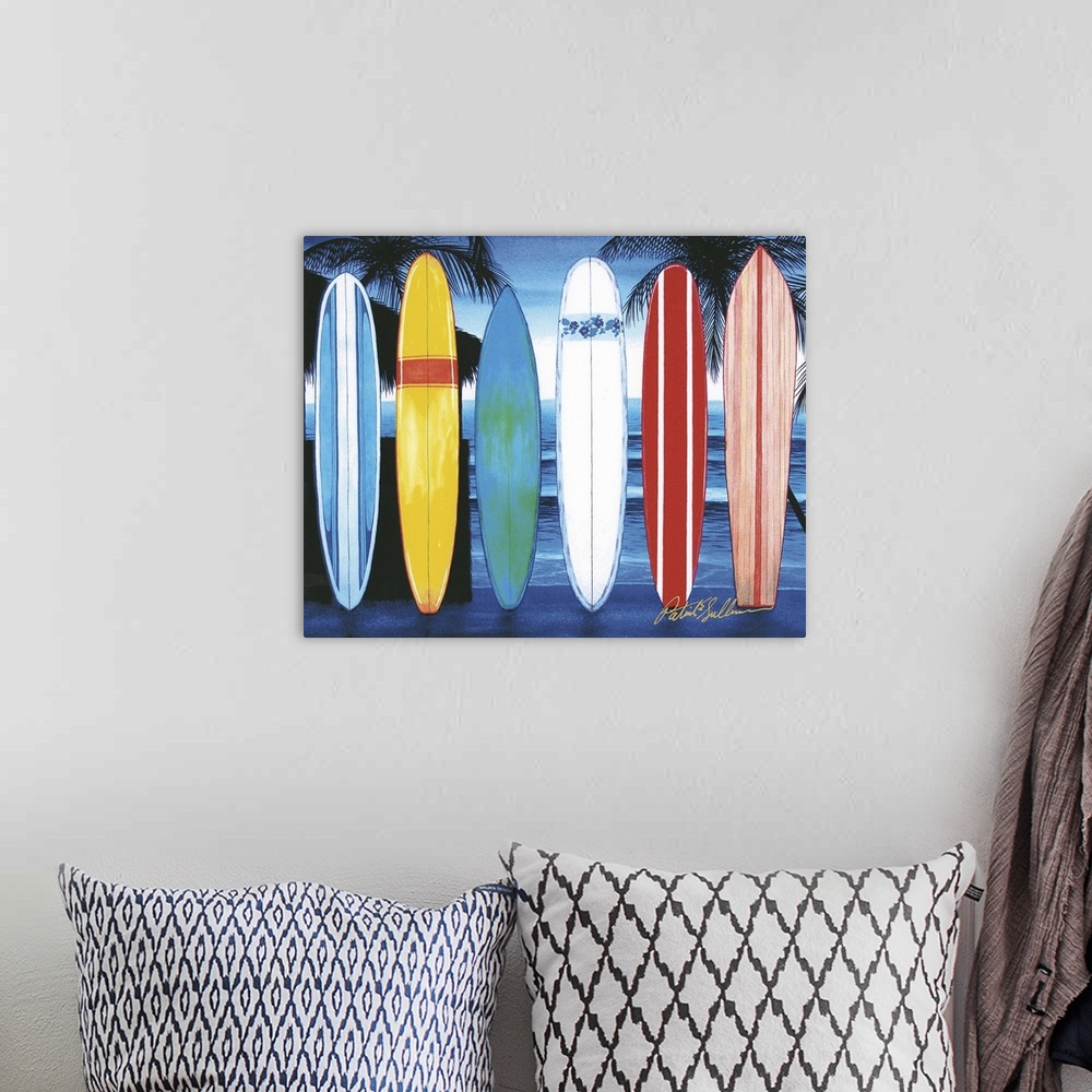 A bohemian room featuring Contemporary painting of surfboards lined up on a tropical beach.