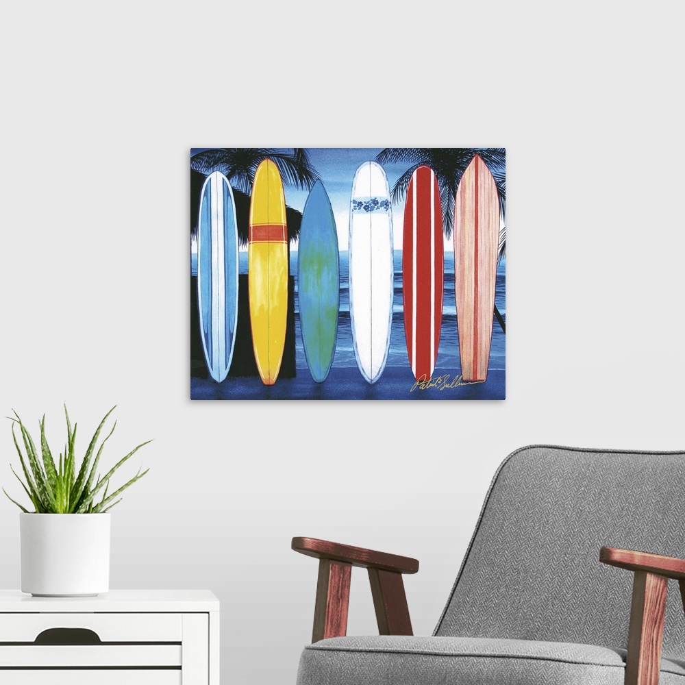 A modern room featuring Contemporary painting of surfboards lined up on a tropical beach.