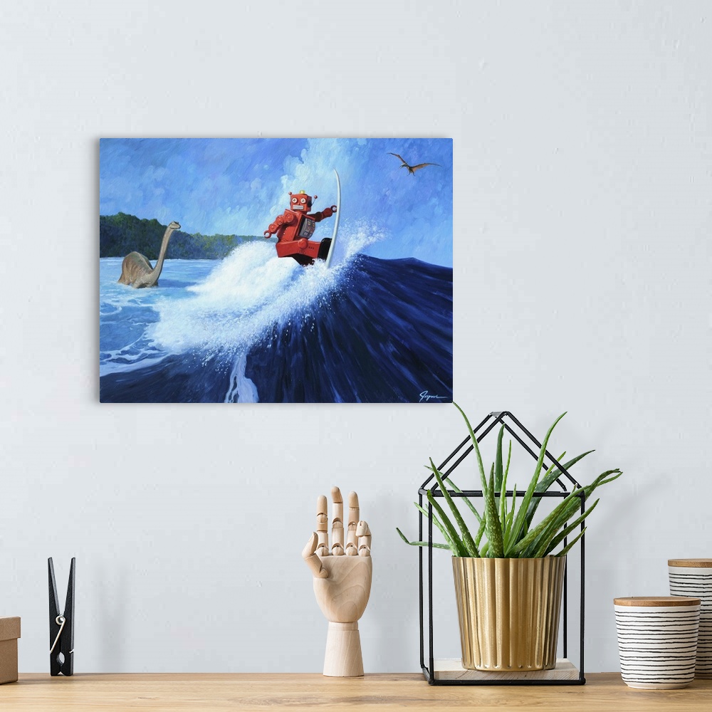 A bohemian room featuring A contemporary painting of a red retro toy robot surfing a giant wave while dinosaurs are seen in...