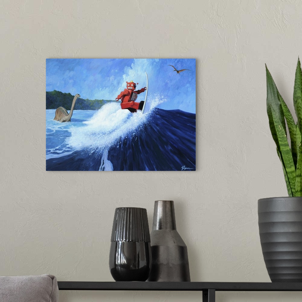 A modern room featuring A contemporary painting of a red retro toy robot surfing a giant wave while dinosaurs are seen in...