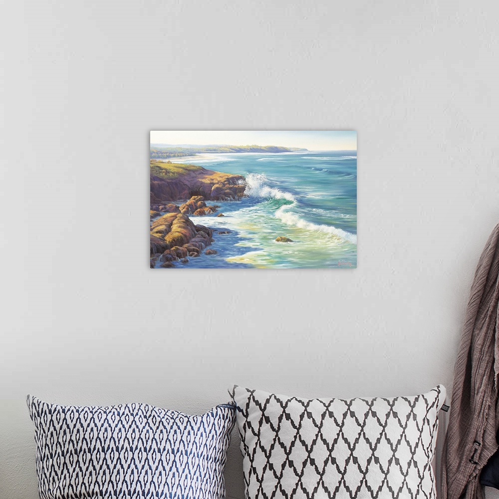 A bohemian room featuring Contemporary painting of a coastal landscape.