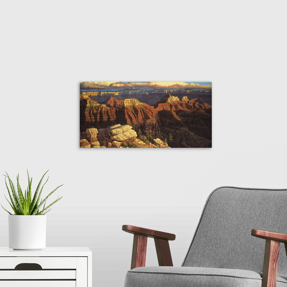 A modern room featuring A beautiful vista of the Grand Canyon and it's many cliffs and mountains.