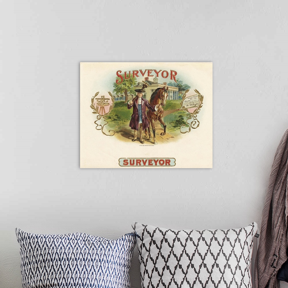 A bohemian room featuring ?Artwork of a vintage cigar label.