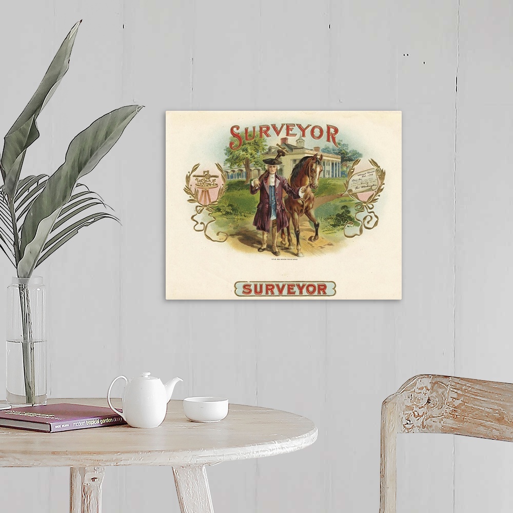 A farmhouse room featuring ?Artwork of a vintage cigar label.