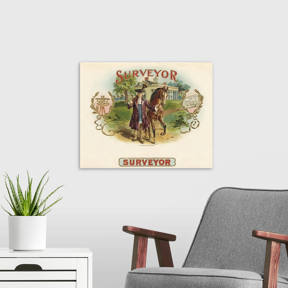 A modern room featuring ?Artwork of a vintage cigar label.