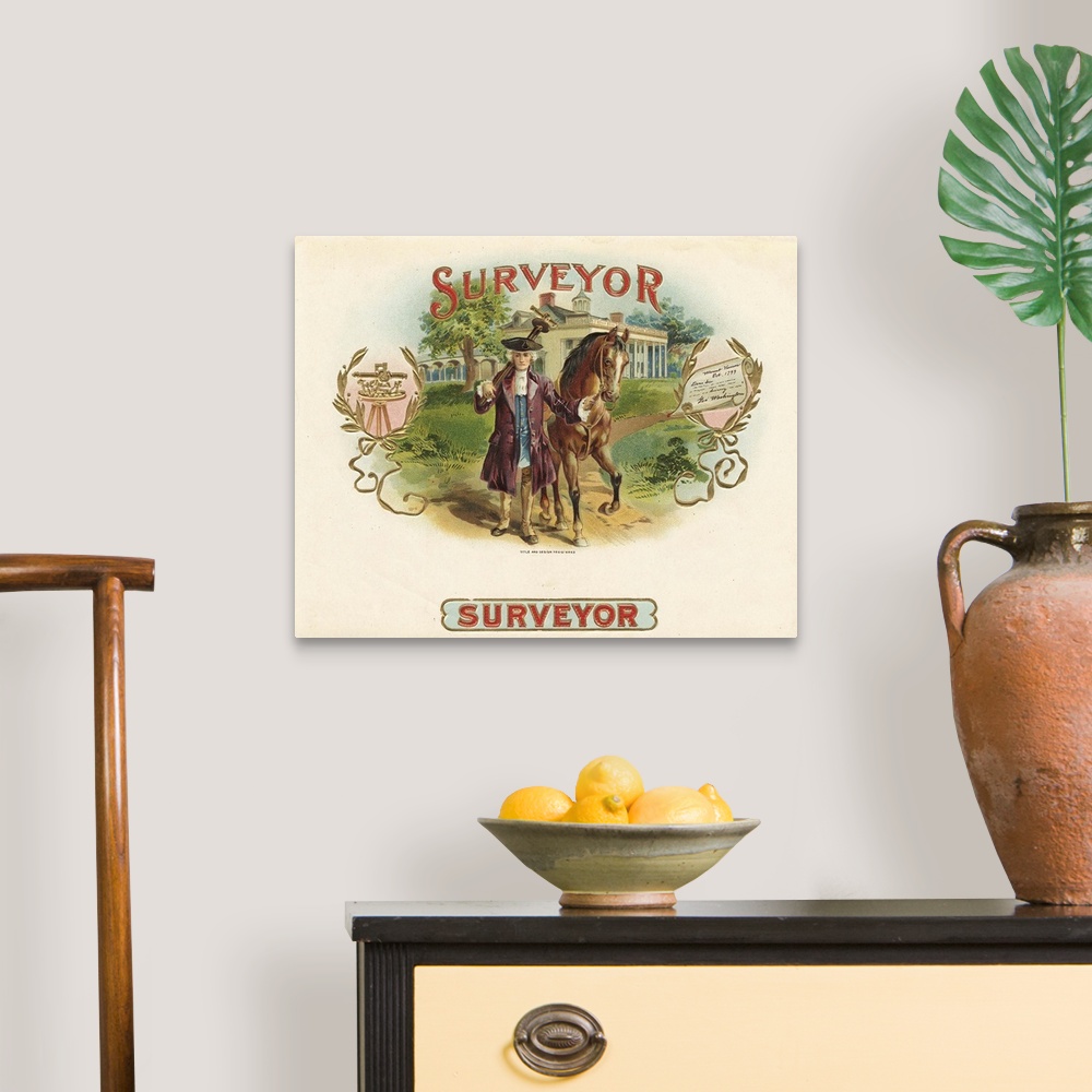 A traditional room featuring ?Artwork of a vintage cigar label.