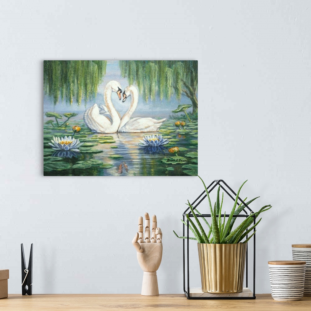A bohemian room featuring Contemporary painting of two swans under willow trees among lily pads, forming a heart with their...