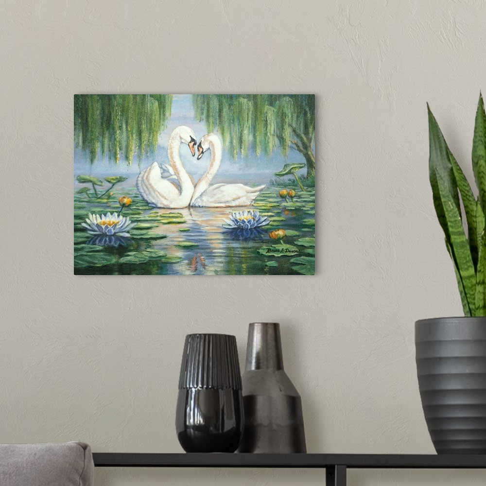A modern room featuring Contemporary painting of two swans under willow trees among lily pads, forming a heart with their...