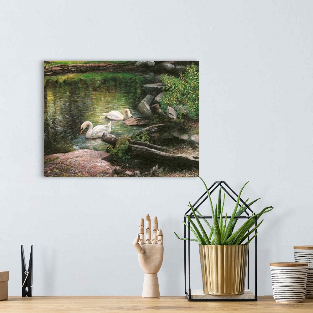 A bohemian room featuring Contemporary artwork of two swans swimming in a pond.