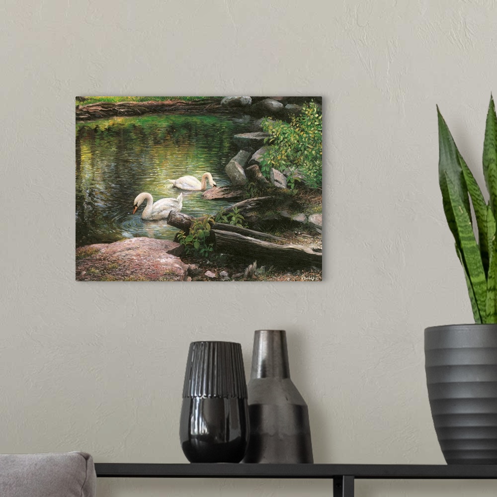 A modern room featuring Contemporary artwork of two swans swimming in a pond.