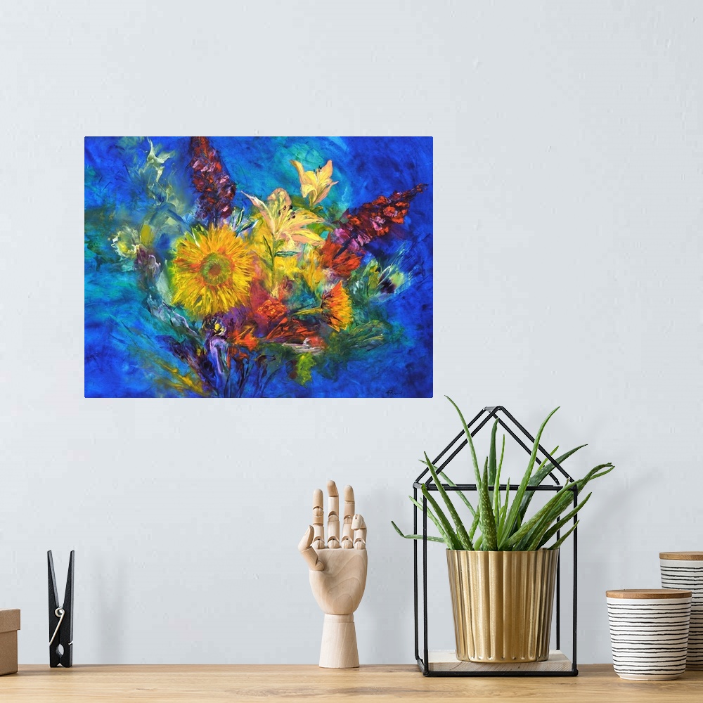 A bohemian room featuring Contemporary painting of a colorful floral abstract.