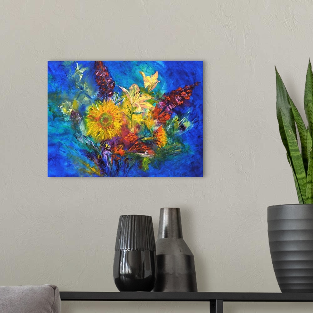 A modern room featuring Contemporary painting of a colorful floral abstract.