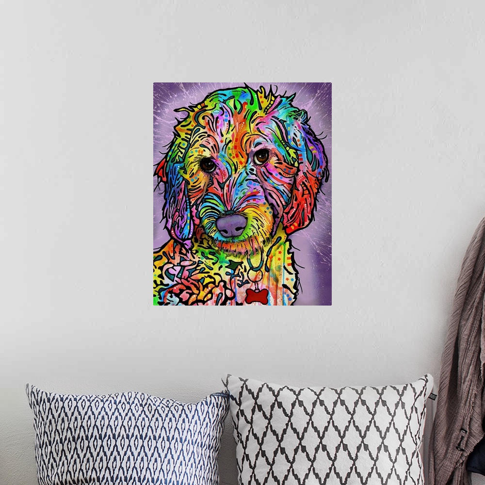 A bohemian room featuring Vibrant painting of a poodle full of playful designs on a purple paint splattered background.