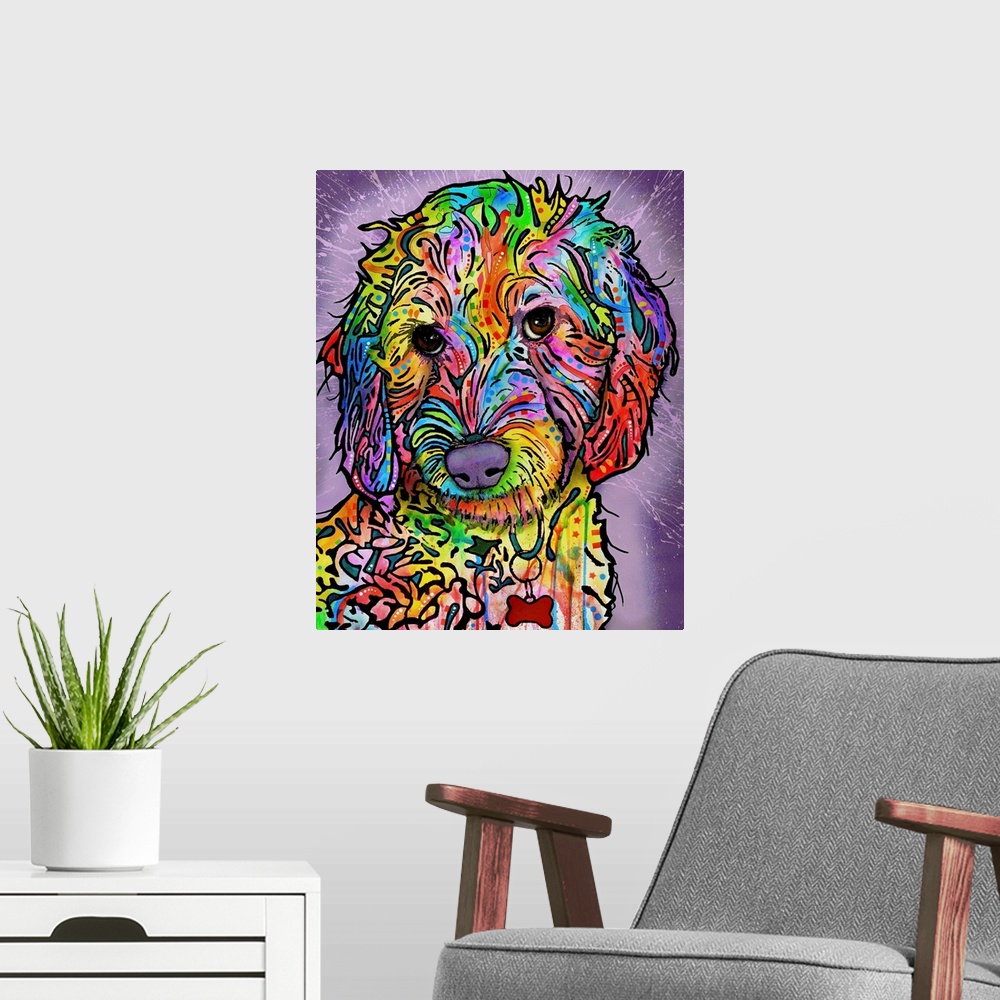 A modern room featuring Vibrant painting of a poodle full of playful designs on a purple paint splattered background.