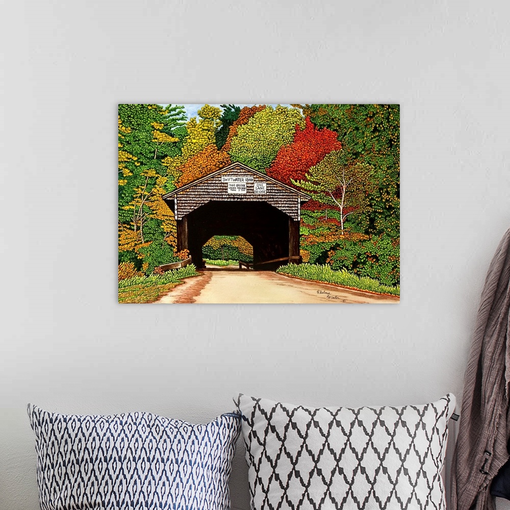 A bohemian room featuring Contemporary artwork of a covered bridge surrounded by autumn foliage.