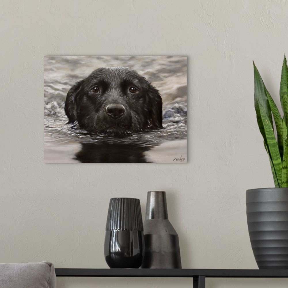 A modern room featuring Contemporary painting of a black Labrador retriever swimming.