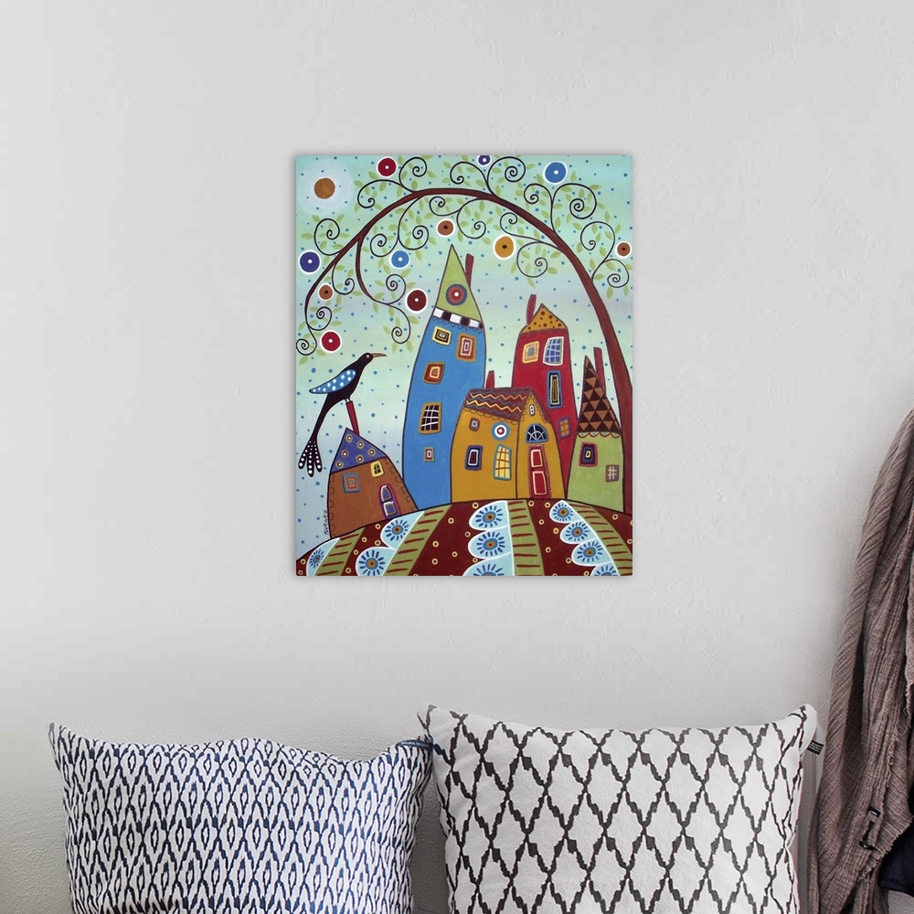 A bohemian room featuring Contemporary painting of a village made of different colored houses with a large tree with curly ...