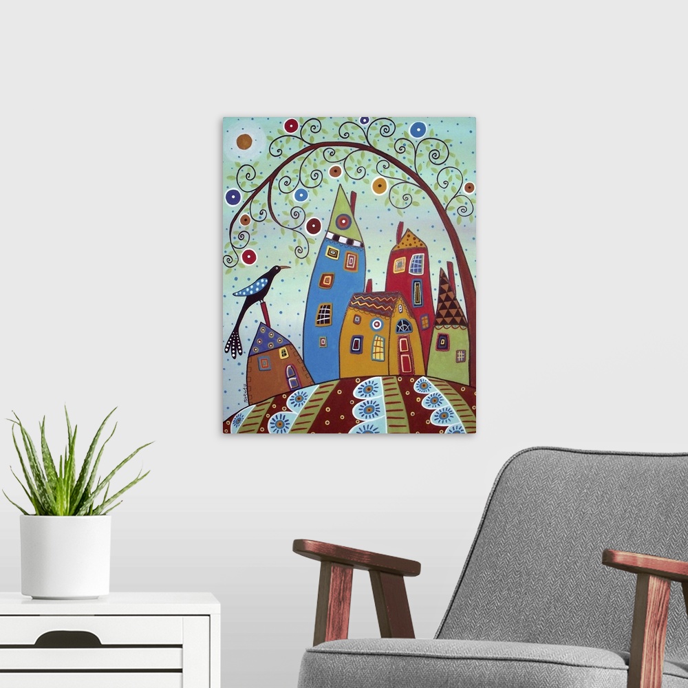 A modern room featuring Contemporary painting of a village made of different colored houses with a large tree with curly ...