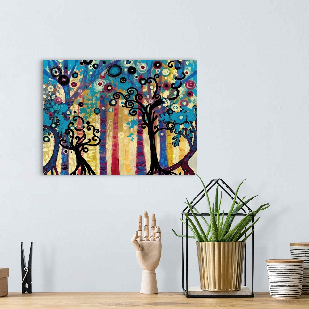 A bohemian room featuring Contemporary painting of a forest of trees with curly branches and spheres of color.