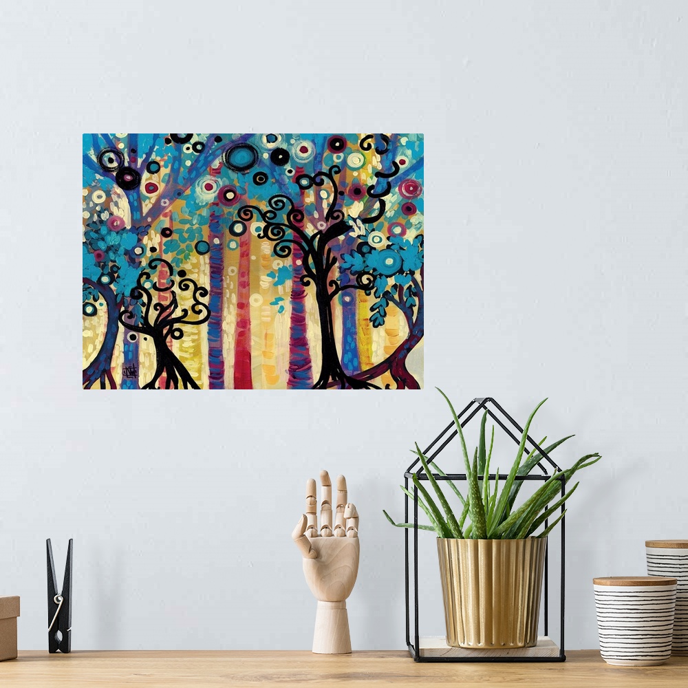 A bohemian room featuring Contemporary painting of a forest of trees with curly branches and spheres of color.