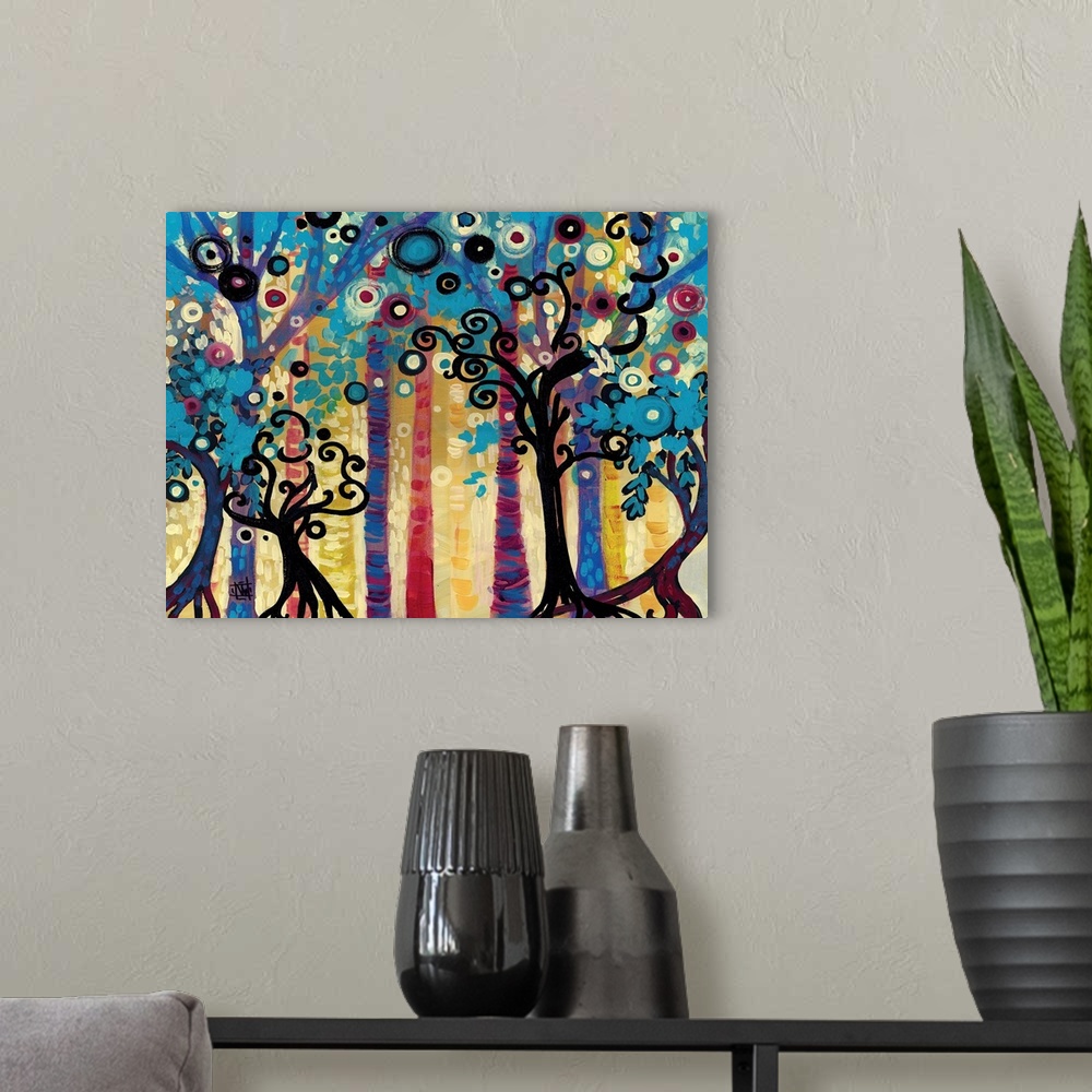 A modern room featuring Contemporary painting of a forest of trees with curly branches and spheres of color.
