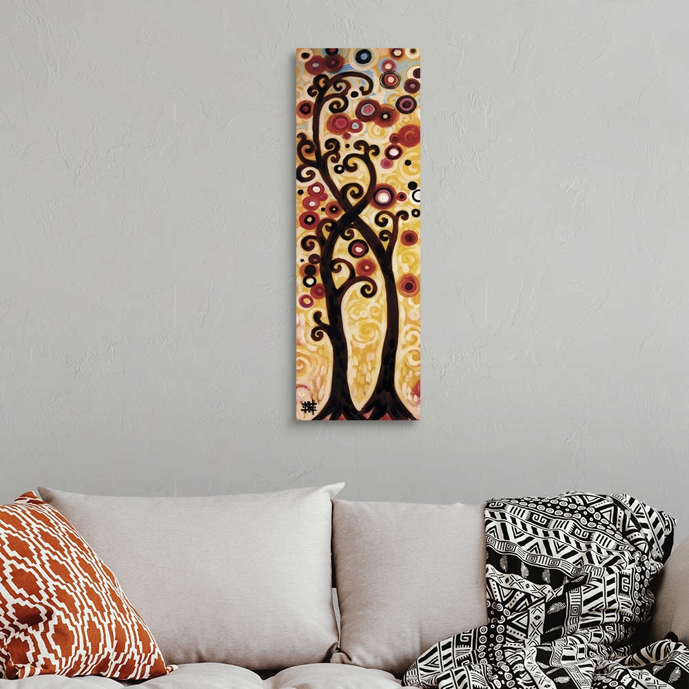 A bohemian room featuring Vertical contemporary painting of two trees with curly branches intertwining.