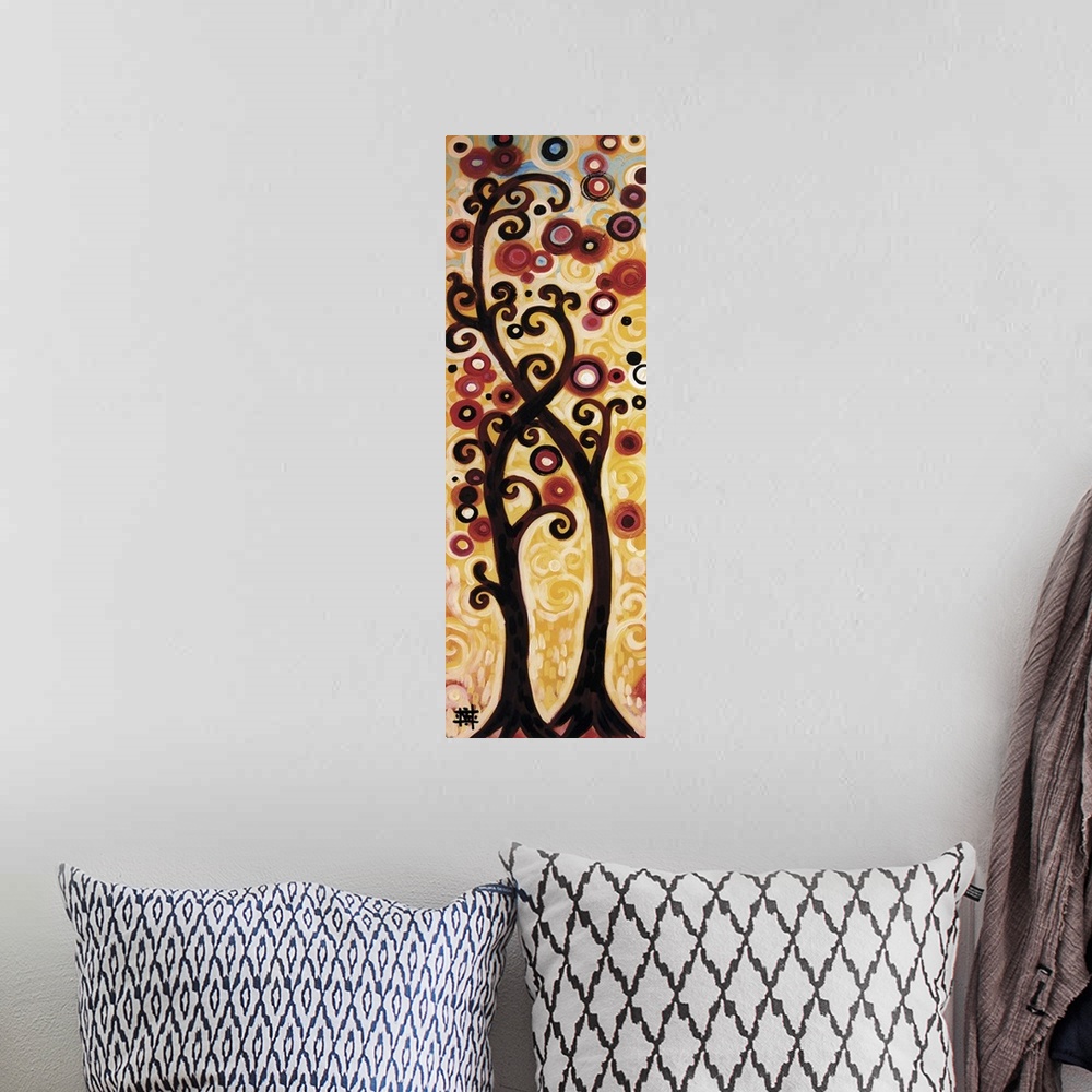 A bohemian room featuring Vertical contemporary painting of two trees with curly branches intertwining.