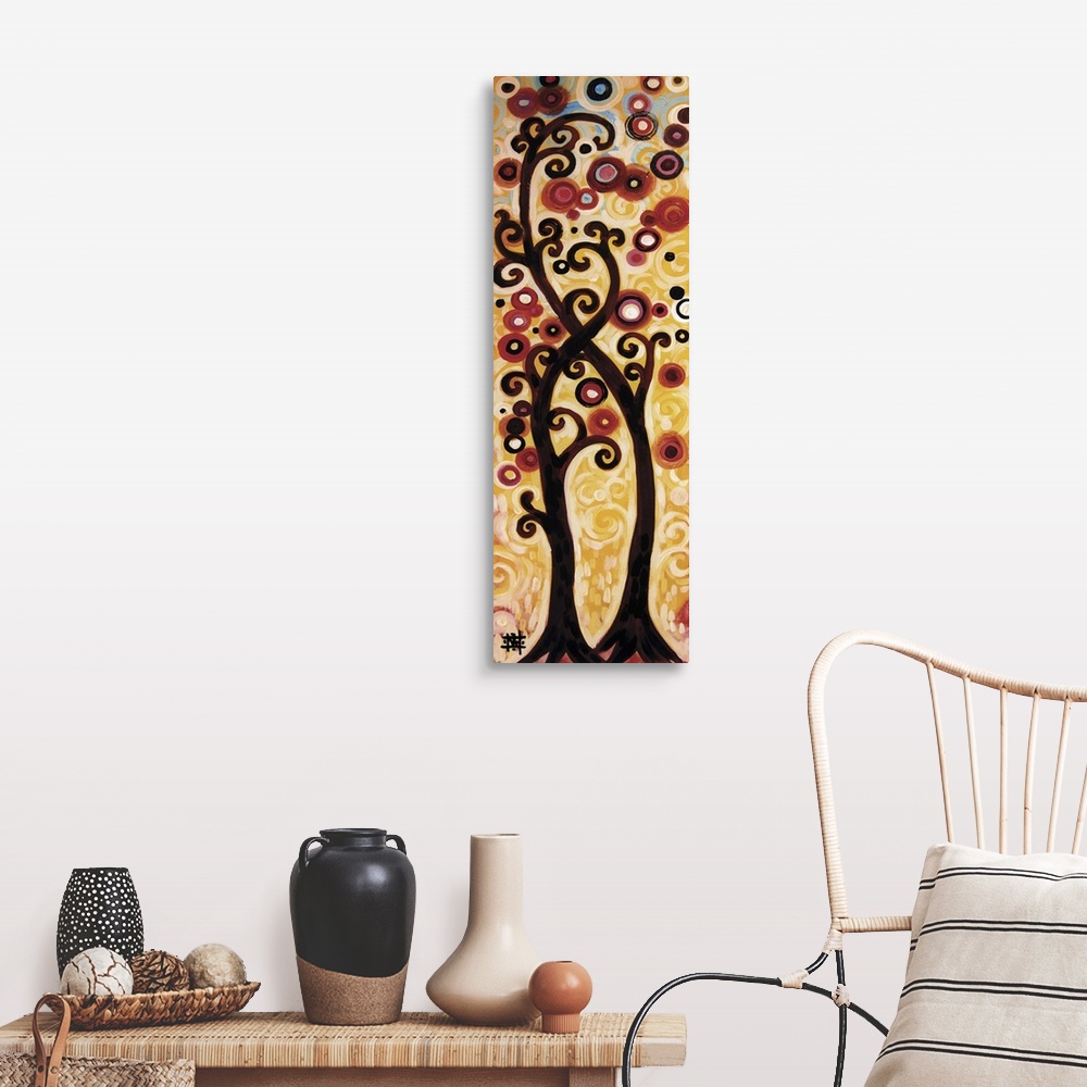 A farmhouse room featuring Vertical contemporary painting of two trees with curly branches intertwining.