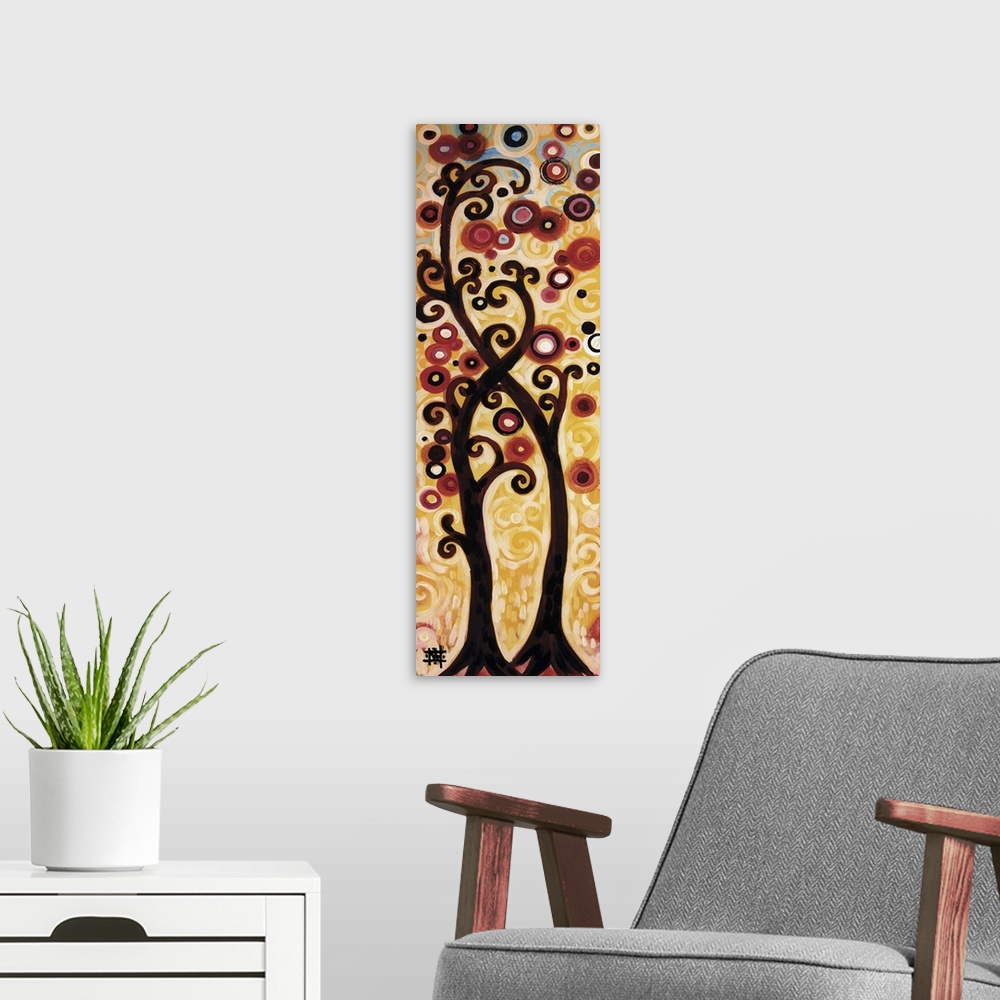 A modern room featuring Vertical contemporary painting of two trees with curly branches intertwining.