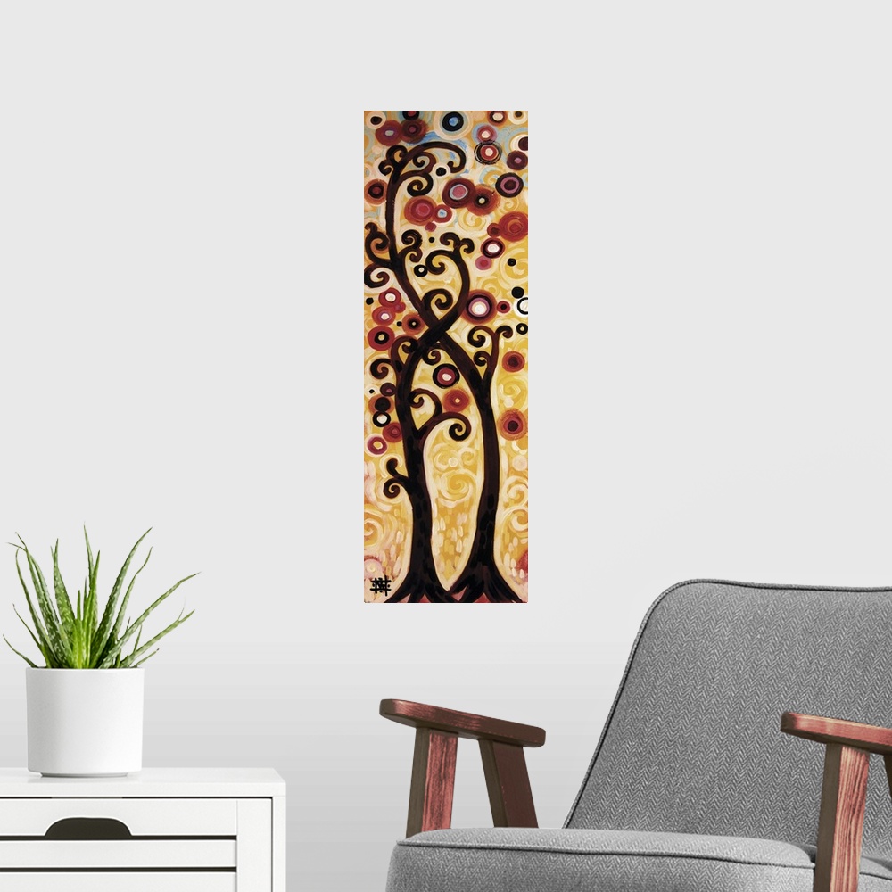 A modern room featuring Vertical contemporary painting of two trees with curly branches intertwining.