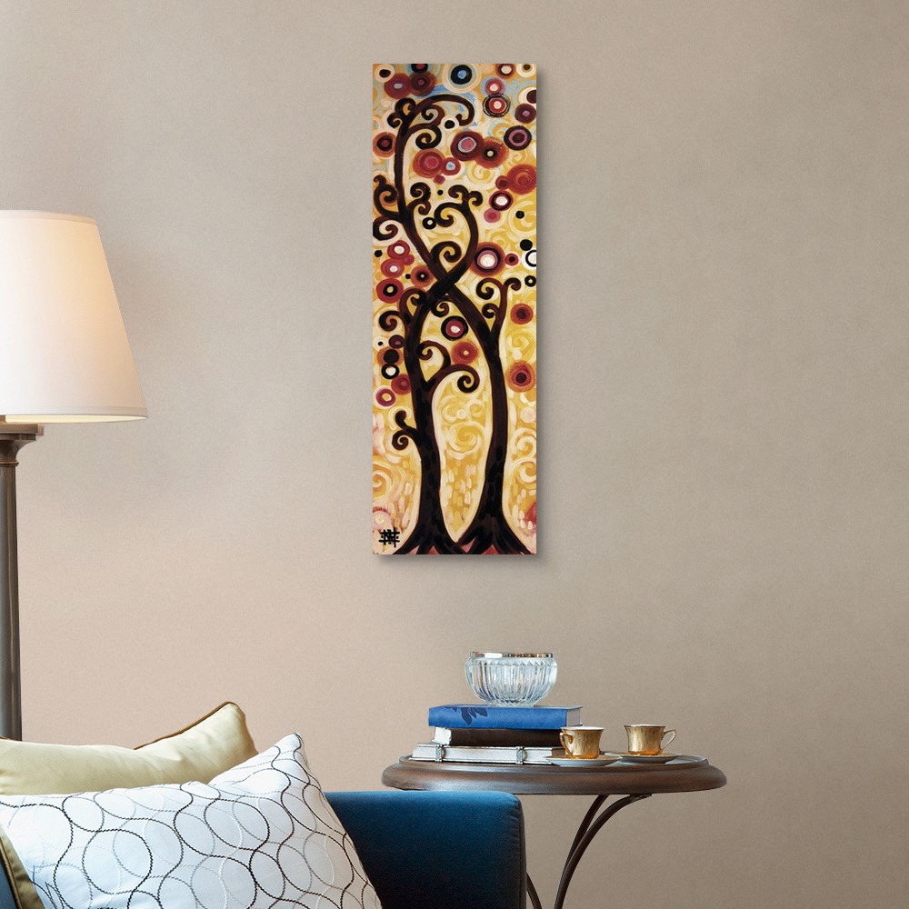 A traditional room featuring Vertical contemporary painting of two trees with curly branches intertwining.
