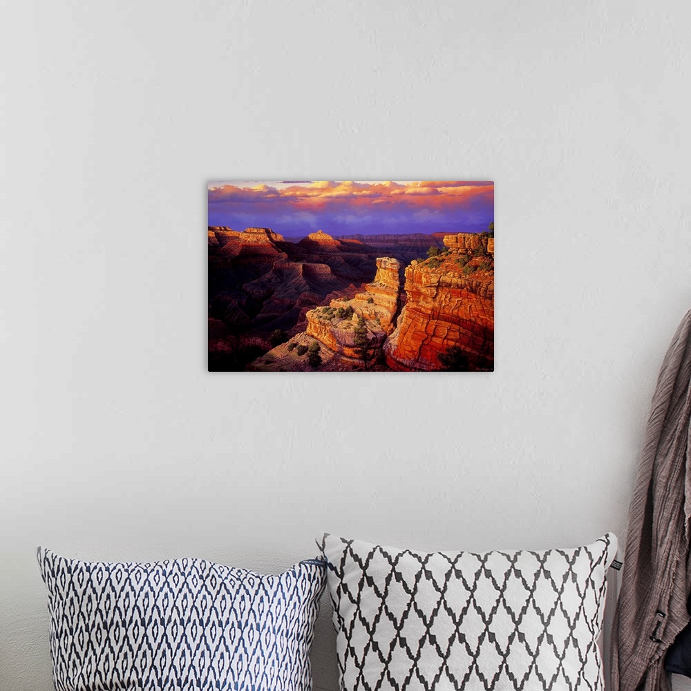 A bohemian room featuring Contemporary landscape painting of the Grand Canyon at sunset.