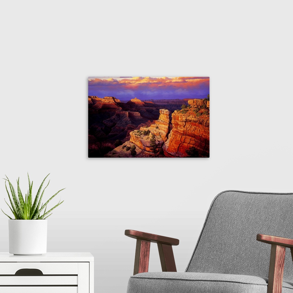 A modern room featuring Contemporary landscape painting of the Grand Canyon at sunset.