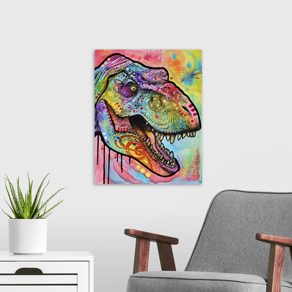 A modern room featuring Contemporary painting of a T-Rex head covered in colorful abstract designs.