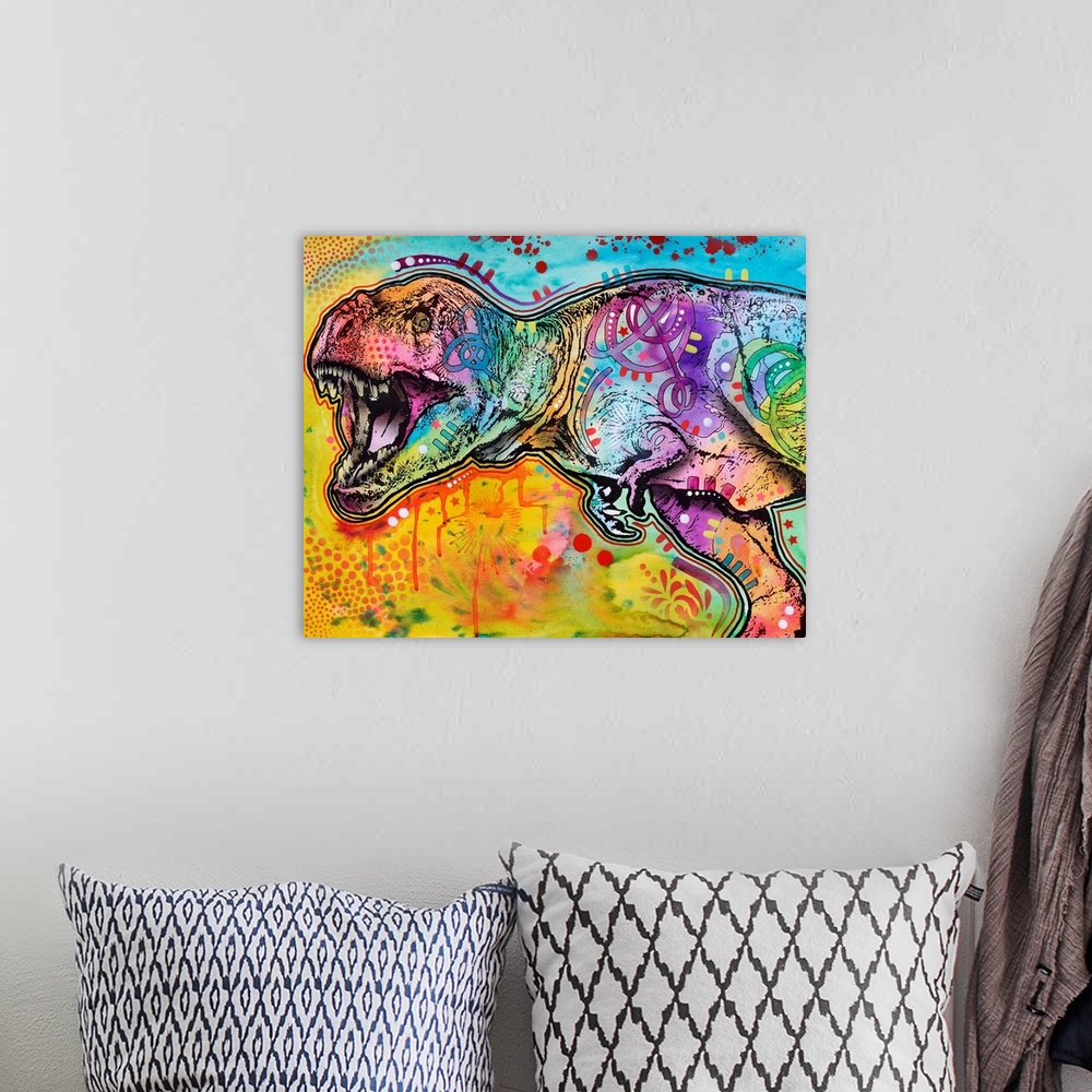 A bohemian room featuring Colorful illustration of a scary looking T-rex with abstract markings and designs.