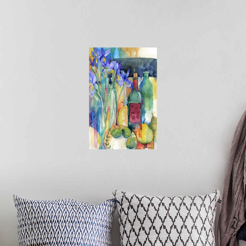 A bohemian room featuring Contemporary watercolor painting of a flower still-life.