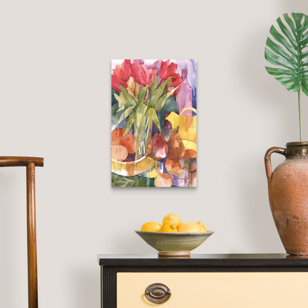A traditional room featuring Contemporary watercolor painting of a flower still-life.