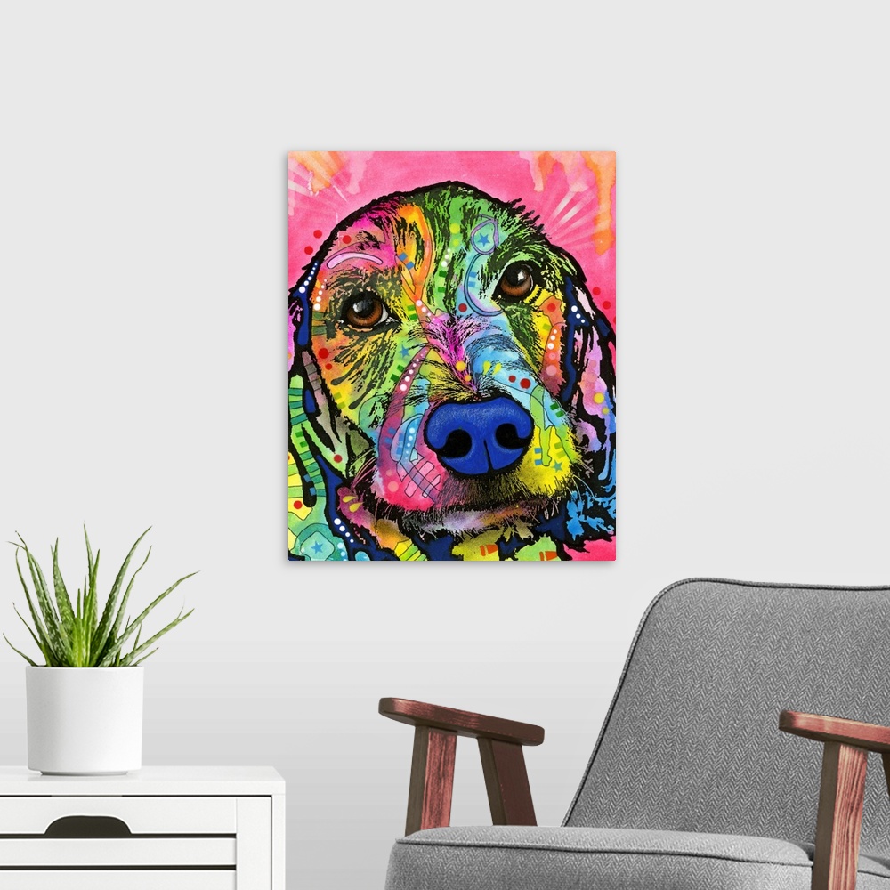 A modern room featuring Pop art style painting of a colorful Cocker Spaniel with abstract designs on a pink background wi...