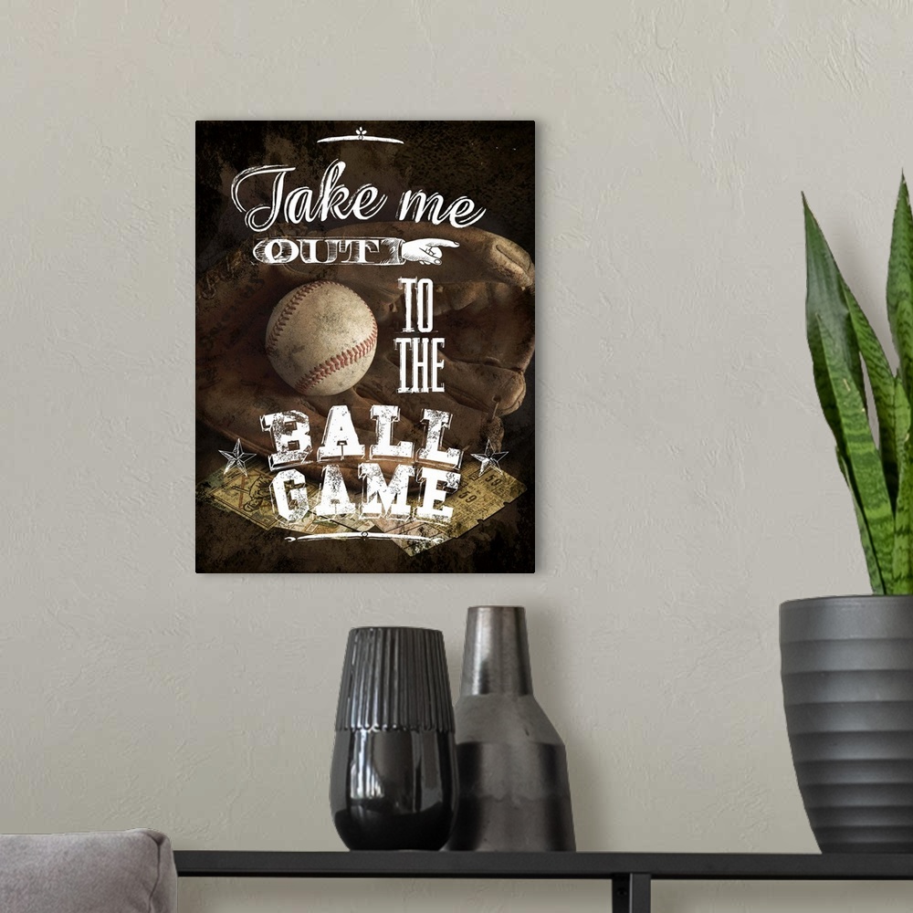 A modern room featuring The words "Take me out to the ball game" in a variety of fonts over an image of a baseball in a g...