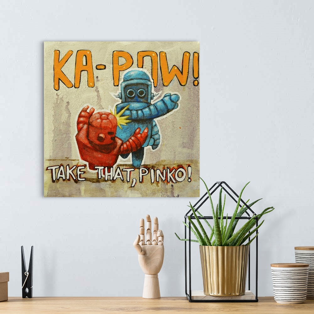 A bohemian room featuring Illustration of a blue robot fighting a red robot.