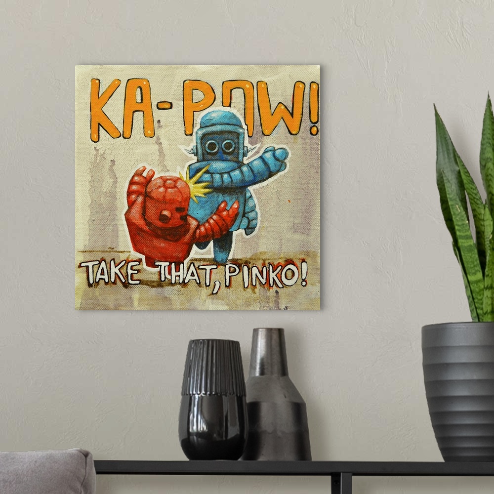 A modern room featuring Illustration of a blue robot fighting a red robot.