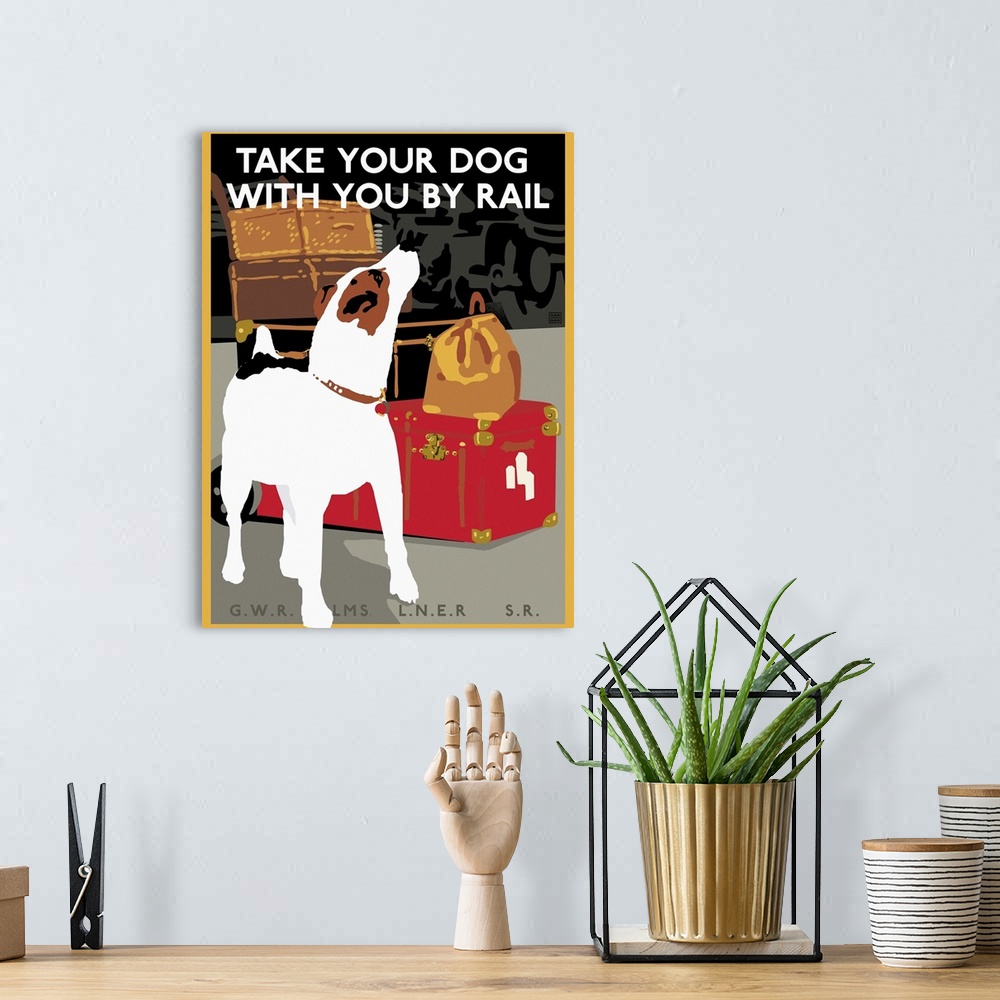 A bohemian room featuring Vintage advertisement artwork for rail travel that accommodates pets.