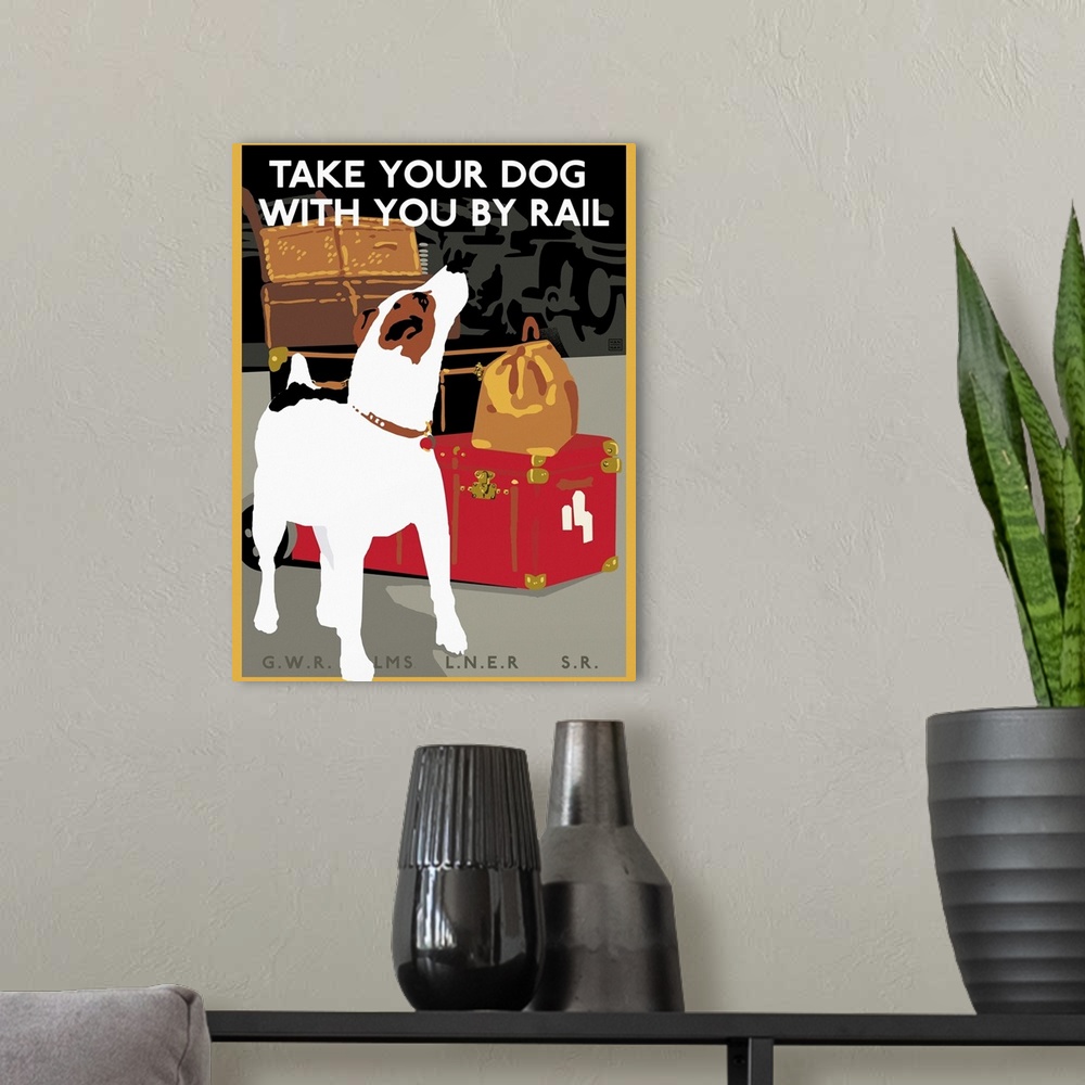 A modern room featuring Vintage advertisement artwork for rail travel that accommodates pets.