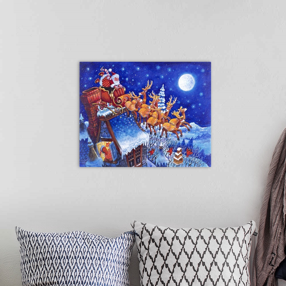 A bohemian room featuring Man looking out window at Santa driving off his roof in sleigh pulled by reindeer at night in sno...